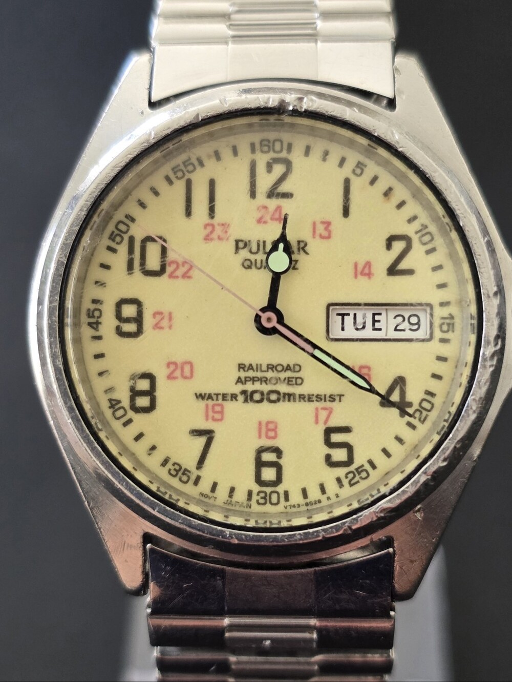 VTG Pulsar Full Lume Railroad Approved V743-8A00 Day Date 36mm Watch Japan RUNS